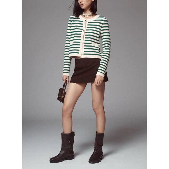 ANTHROPOLOGIE NVLT Size Medium Striped Sweater Lady Jacket Cardigan Green Ivory - Picture 3 of 12